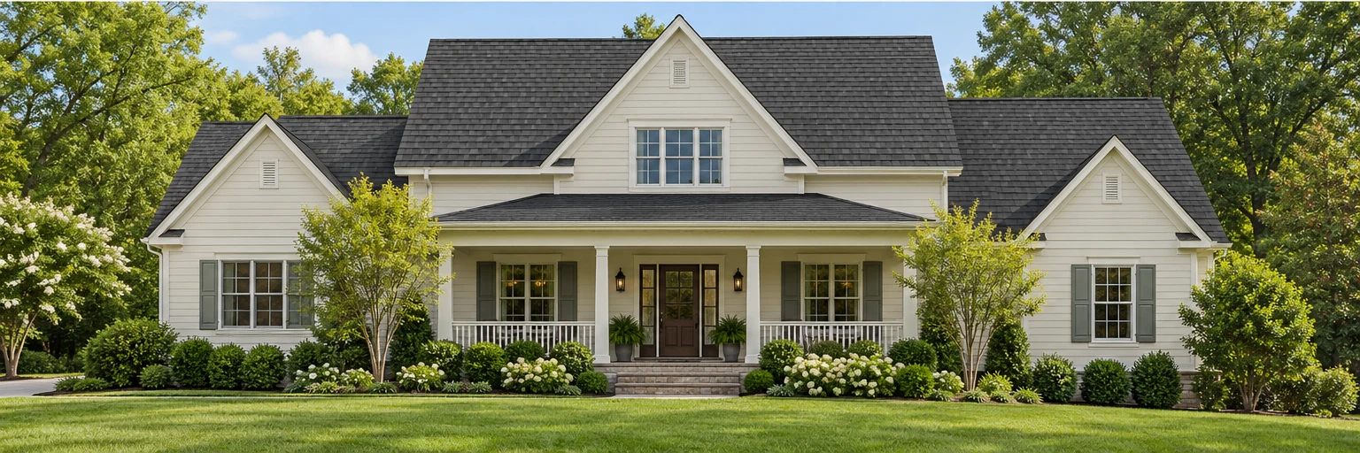 Illustrative ivory house with new dark charcoal architectural shingles